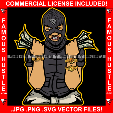Gangster Hustle Man Ski Mask Two Money Stacks Male Robber White Eyes Face Mask Gold Teeth Watches Cash Hip Hop Rap Rapper Plug Trap Street Hood Gang Member Famous Hustle Art Graphic Design Logo T-Shirt Print Printing JPG PNG SVG Vector Cut File
